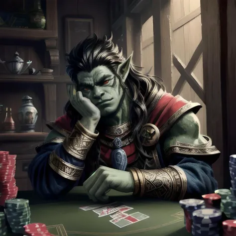male orc, sitting, tavern, wooden table, confused, puzzled, frowning, green skin, red eyes, black hair, scratching head, dumbfounded, poker, coins, cards, looking at (cards), losing, annoyed, tunic,