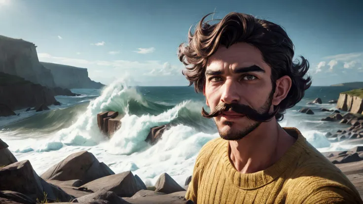 an awarded profesional photography of (1man:1.3) troll with amethyst eyes and Round Brows and male Curly Undercut hair hairstyle and handlebar mustachein Chocolate brown color, dressed as flagellant elated, knees together feet apart in eroded coastline, eroding cliffs, pounding waves, vanishing shoreline ,(epic scene:1.3),ultradetialed character with perfect face,detailed skin,(ultrasharp:1.3),(masterpiece:1.1),best quality,(photorealistic:1.2),ultrarealistic,realistic ultradetailed character,4k perfect quality, <lyco:GoodHands-beta2:1> by by Brassai Solar Lighting camera angle wide shot and focus on upper body Magnificent,Imperceptible detail,Intricately designed, (perfect quality face:1.5) hyper-detailed complex, insanely detailed, detailed clothes, detailed skin, detailed body,