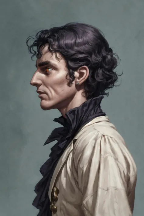 by Marc Simonetti , (by Frank Lloyed Wright:1.5) , pale face , High Angle (from the side) view medium Close shot (focus on chest) , regency period fashion , purple eyes , 3boys