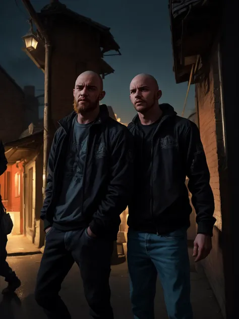 masterpiece, best quality, 2boys, adult males, beards, chavs, rough, dirty, Mancunian, mean, bullies, druggies, skinheads, in front of suburban house, realistic, dramatic lighting, atmospheric, intricate detail