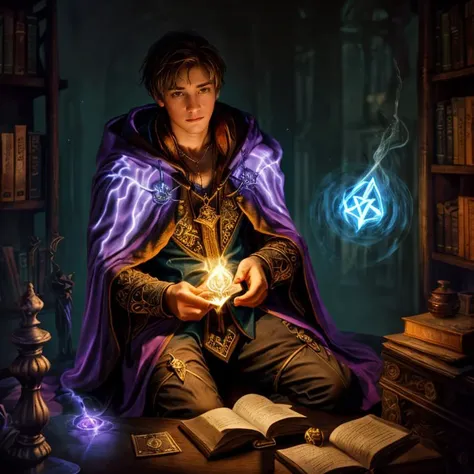 masterpiece, best quality, 1boy, aloof young adult casting a glowing spell, arrogant, (floating magic runes), (rainbow cloak:1.2), thong, crotch bulge, thighhigh boots, very short hair, stubble, (chest hair), (wizard study interior background), bookshelves, desk, potions, realistic, dramatic lighting, atmospheric, intricate detail