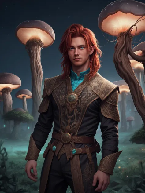 portrait of one man, irish, red hair, wearing turquoise fantasy lace outfit, in a field of giant luminous mushrooms, fantasy setting, magical, orange particles, night time, bokeh