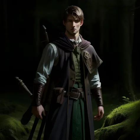 Gloomstalker Ranger, portrait, DnD, handsome man, wet shirt, waistcoat, irish cloak, bow and quiver, looking closely at the ground, dark forest, weird mushrooms, dim dynamic lighting, Detailed and Intricate, Visual Novel