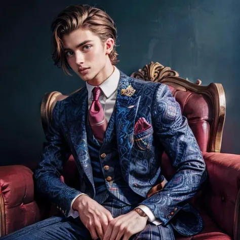 A strikingly handsome and flamboyant twink, dressed to the nines in the fashionable attire of the 1920s. His head is adorned with a jaunty fedora, tilting ever so slightly to the side, and his face is expertly made up with thick mascara, kohl-rimmed eyes, and a bright rouge lipstick that perfectly accentuates his full, pouty lips. His hair, styled in the latest trends of the decade, falls artfully over his forehead and around his face, gently curling at the ends. He wears a tailored three-piece suit in a rich, jewel-toned fabric, complete with a waistcoat that accentuates his slender figure. The suit jacket is expertly tailored to fit his broad shoulders and narrow waist, while the trousers hug his long, toned legs. A crisp, white shirt with a starched collar and cufflinks peeks out from beneath the suit jacket, and a patterned silk necktie artfully knotted at his throat adds the perfect finishing touch. Around his neck, he wears a glittering diamond choker that catches the light, drawing attention to his alluring features. Standing confidently with one hand in his pocket and the other resting on a luxurious velvet armchair, the twink gazes coyly at the camera, exuding an air of nonchalant elegance and playful charm.