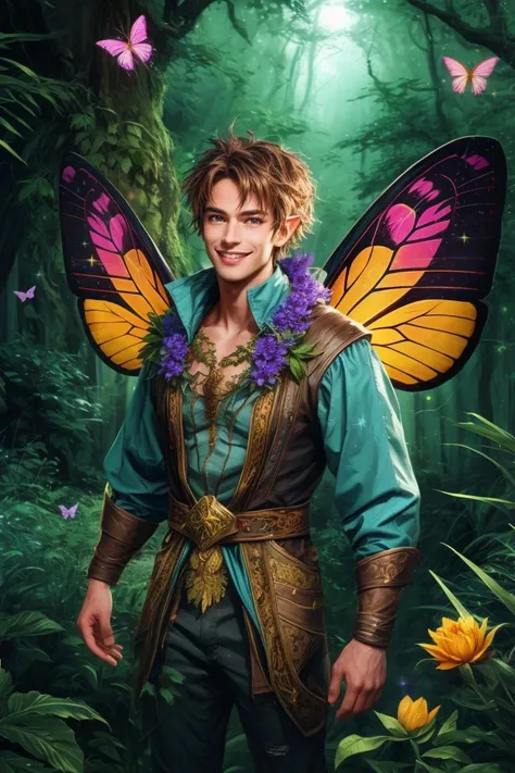 masterpiece, male fairy, wings, sparkle, glitter, enchanted forest, butterflies, vegetation, flowers, smile, looking at viewer, 8K, HDR