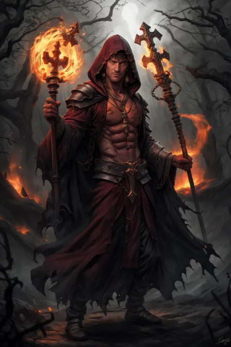 (surrounded by fire:1), (surrounded by flames:1), realistic, masterpiece, best quality, cinematic lighting, natural shadow, highest detail, professional photography, detailed background, depth of field, insane details, intricate, aesthetic, detailed face, subsurface scattering, realistic hair, realistic eyes, muscular, masculine, large pectorals, pectorals, abs, <lora:Clothing - Dark Priest:0.5>, handsome extremely powerful (man:Julian McMahon:0.5) standing in a moody misty demonic evil forest, darkpriest, red robe, armor, cape, gloves, torn clothes, jewelry, necklace, chain, spikes, blood, holding staff, magic, fire, black hair, dynamic movement, dynamic pose, hood, healed battle scars