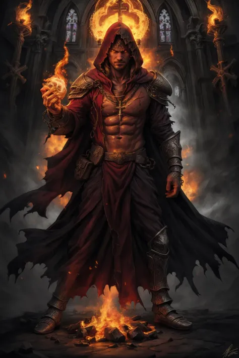 realistic, masterpiece, best quality, cinematic lighting, natural shadow, highest detail, professional photography, detailed background, depth of field, insane details, intricate, aesthetic, detailed face, subsurface scattering, realistic hair, realistic eyes, muscular, masculine, large pectorals, pectorals, abs, <lora:Clothing - Dark Priest:0.5>, handsome extremely powerful (man:Julian McMahon:Cole Turner:0.5) posing in a moody demonic evil catholic cathedral, darkpriest, maroon robe, armor, cape, gloves, torn clothes, jewelry, necklace, chain, (spikes:0.5), magic, fire, hood, healed battle scars, religious iconography, Christian symbols, <lora:Concept - Pyromancer:0.5> pyromancer, dynamic pose, fighting stance