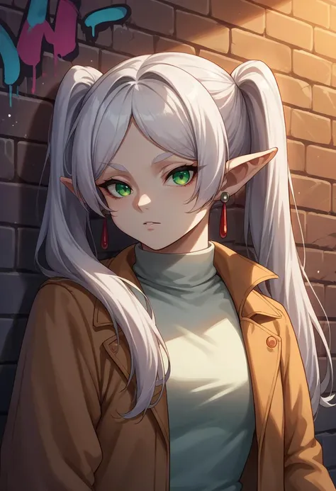 score_9, score_8_up, source_anime, 1girl, solo, Frieren, green eyes, white hair, long hair, twintails, earrings, earrings, sharp eyes, choker, neon shirt, open jacket, turtleneck sweater, night, against wall, brick wall, graffiti, dim lighting, alley, looking at viewer, <lora:ChamFrierenPonyXL:1>