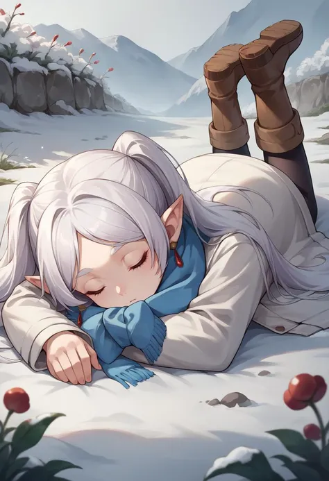 score_9, score_8_up, source_anime, 1girl, solo, FrierenWinter, white hair, long hair, twintails, earrings, blue scarf, white coat, black pantyhose, brown boots, outdoors, snow, face down, lying, on ground, on stomach, eyes closed, sleeping, <lora:ChamFrierenPonyXL:1>