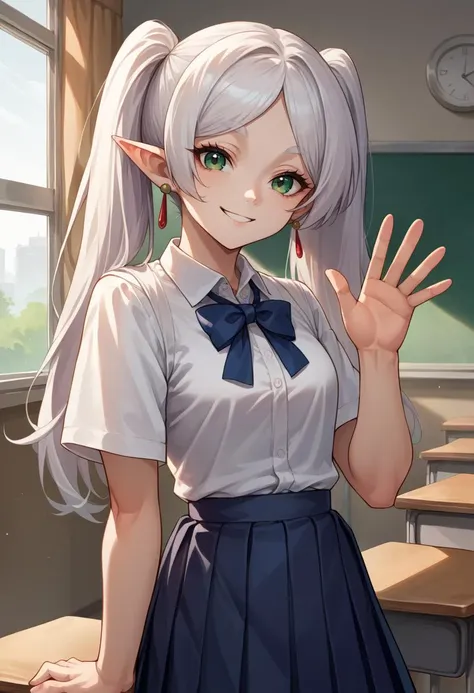 score_9, score_8_up, source_anime, 1girl, solo, Frieren, green eyes, white hair, long hair, twintails, earrings, classroom, window, school uniform, dress shirt, pleated skirt, waving at viewer, smile, <lora:ChamFrierenPonyXL:1>