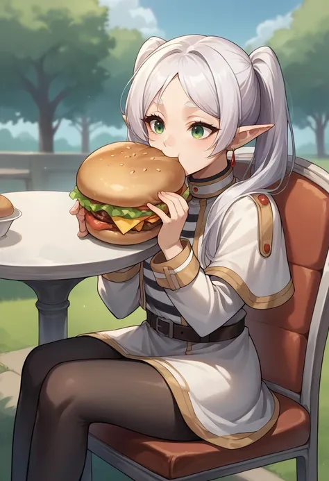 score_9, score_8_up, source_anime, 1girl, solo, FrierenBase, green eyes, white hair, long hair, twintails, earrings, white capelet, striped shirt, long sleeves, belt, white skirt, black pantyhose, outdoors, sitting on chair, eating a huge burger, <lora:ChamFrierenPonyXL:1>