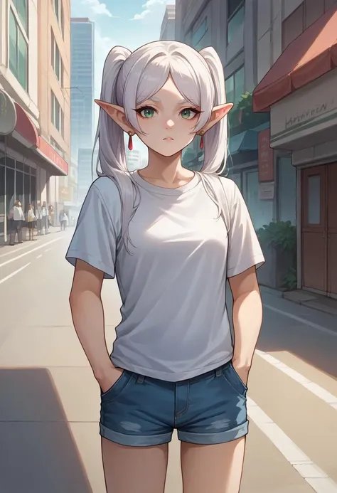 score_9, score_8_up, source_anime, 1girl, solo, Frieren, green eyes, white hair, long hair, twintails, earrings, t-shirt, denim shorts, standing, outdoors, city, hands in pockets, <lora:ChamFrierenPonyXL:1>