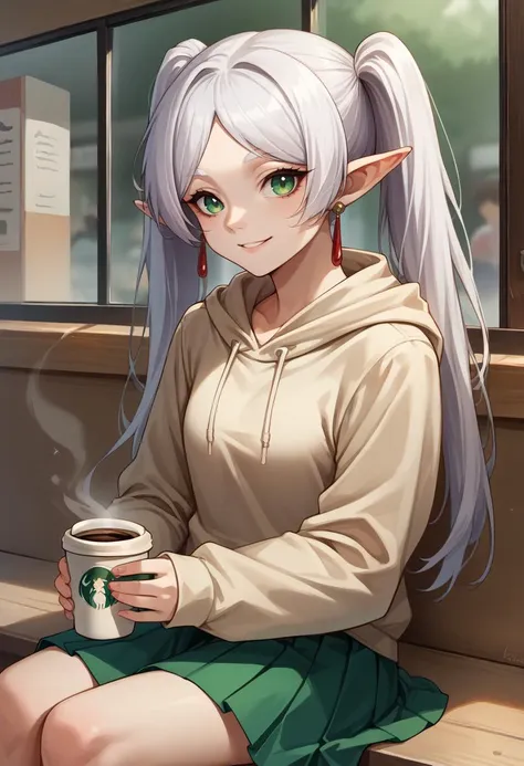 score_9, score_8_up, source_anime, 1girl, solo, Frieren, green eyes, white hair, long hair, twintails, earrings, sitting, coffee shop, hoodie, pleated skirt, smile, <lora:ChamFrierenPonyXL:1>