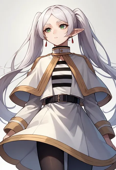 score_9, score_8_up, source_anime, 1girl, solo, FrierenBase, green eyes, white hair, long hair, twintails, earrings, white capelet, striped shirt, long sleeves, belt, white skirt, black pantyhose, standing, expressionless, white background, <lora:CHAR-FrierenPonyXL:1>