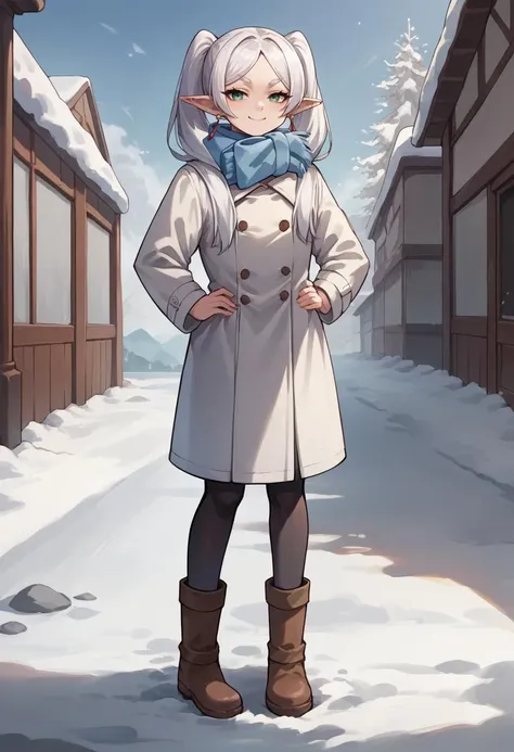 score_9, score_8_up, source_anime, 1girl, solo, FrierenWinter, green eyes, white hair, long hair, twintails, earrings, blue scarf, white coat, black pantyhose, brown boots, hands on hips, :3, smug, full body, outdoors, winter, snow, <lora:ChamFrierenPonyXL:1>