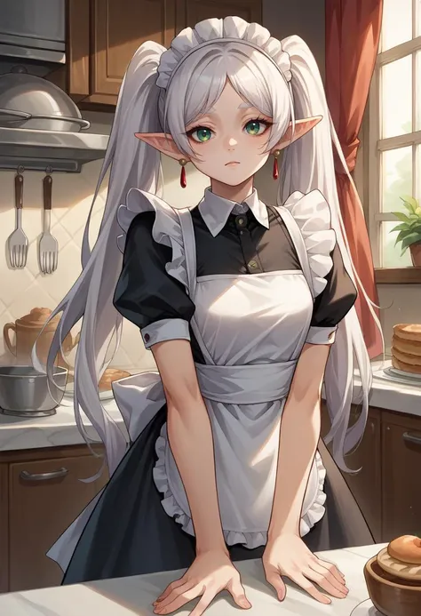 score_9, score_8_up, source_anime, 1girl, solo, Frieren, green eyes, white hair, long hair, twintails, earrings, maid, maid headdress, maid apron, kitchen, <lora:ChamFrierenPonyXL:1>