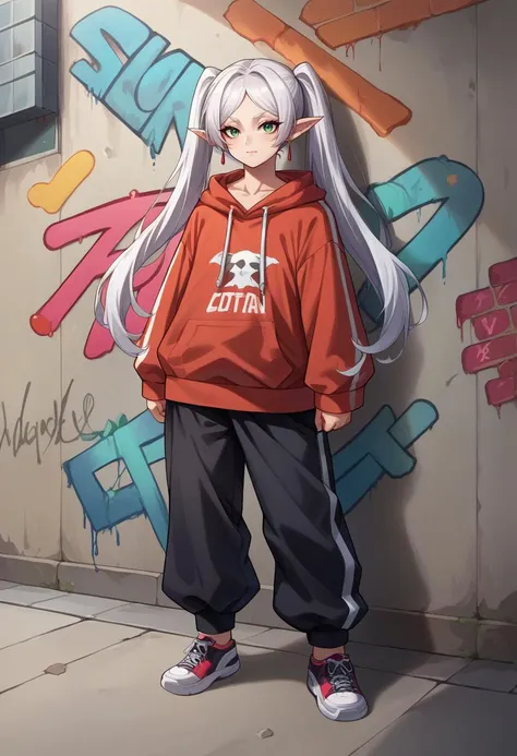 score_9, score_8_up, source_anime, 1girl, solo, Frieren, green eyes, white hair, long hair, twintails, earrings, urban and street style, graffiti-inspired colors, cool and edgy attire, baggy pants, oversized hoodie, stylish sneakers, fashionable accessories, hip hop jewelry, confident expression, graffiti walls, energetic and vibrant atmosphere, <lora:ChamFrierenPonyXL:1>