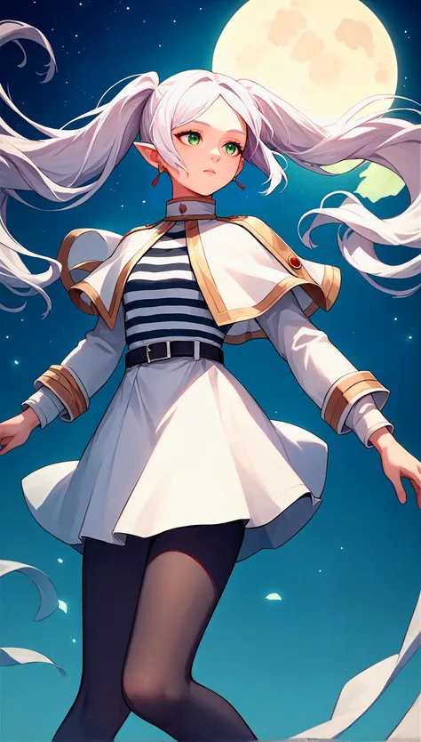score_9, score_8_up, score_7_up, source_anime, 1girl,
floating in the night sky, dark,night, <lora:ChamFrierenPonyXL:0.8> FrierenBase, green eyes, white hair, long hair, twintails, earrings, white capelet, striped shirt, long sleeves, belt, white skirt, black pantyhose,