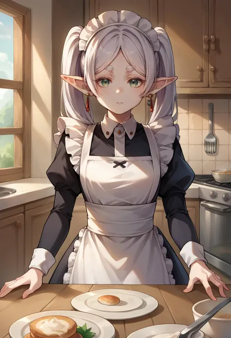 score_9, score_8_up, source_anime, 1girl, solo, Frieren, green eyes, white hair, long hair, twintails, thick eyebrows, earrings, maid, maid headdress, maid apron, kitchen, <lora:ChamFrierenPonyXLCame-000008:1>