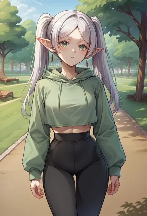score_9, score_8_up, source_anime, 1girl, solo, Frieren, green eyes, white hair, long hair, twintails, thick eyebrows, earrings, outdoors, park, green hoodie, high-waist pants, yoga pants, black pants, light blush, <lora:ChamFrierenPonyXLCame-000008:1>