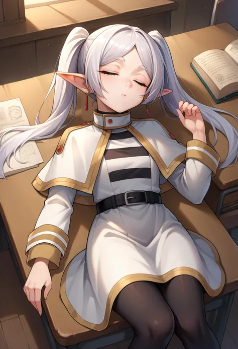 score_9, score_8_up, source_anime, 1girl, solo, FrierenBase, green eyes, white hair, long hair, twintails, earrings, white capelet, striped shirt, long sleeves, belt, white skirt, medium skirt, black pantyhose, sleeping, head on desk, indoors, night, open book, sitting on chair, <lora:ChamFrierenPonyXLCame-000008:1>