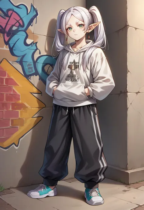 score_9, score_8_up, source_anime, 1girl, solo, Frieren, green eyes, white hair, long hair, twintails, thick eyebrows, earrings, urban and street style, graffiti-inspired colors, cool and edgy attire, baggy pants, hoodie, stylish sneakers, fashionable accessories, hip hop jewelry, confident expression, graffiti walls, energetic and vibrant atmosphere<lora:ChamFrierenPonyXLCame-000008:1>