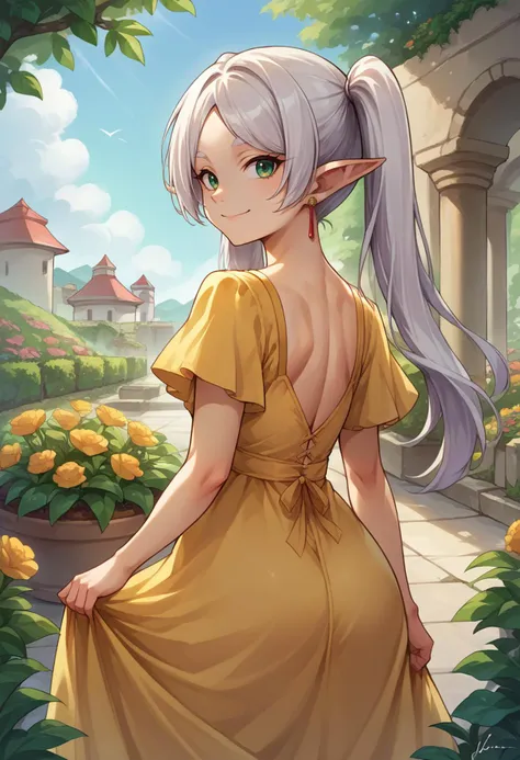 score_9, score_8_up, source_anime, 1girl, solo, Frieren, green eyes, white hair, long hair, twintails, earrings, from behind, yellow sundress, garden, day, sunshine, smile, looking back, <lora:ChamFrierenPonyXLCame-000008:1>