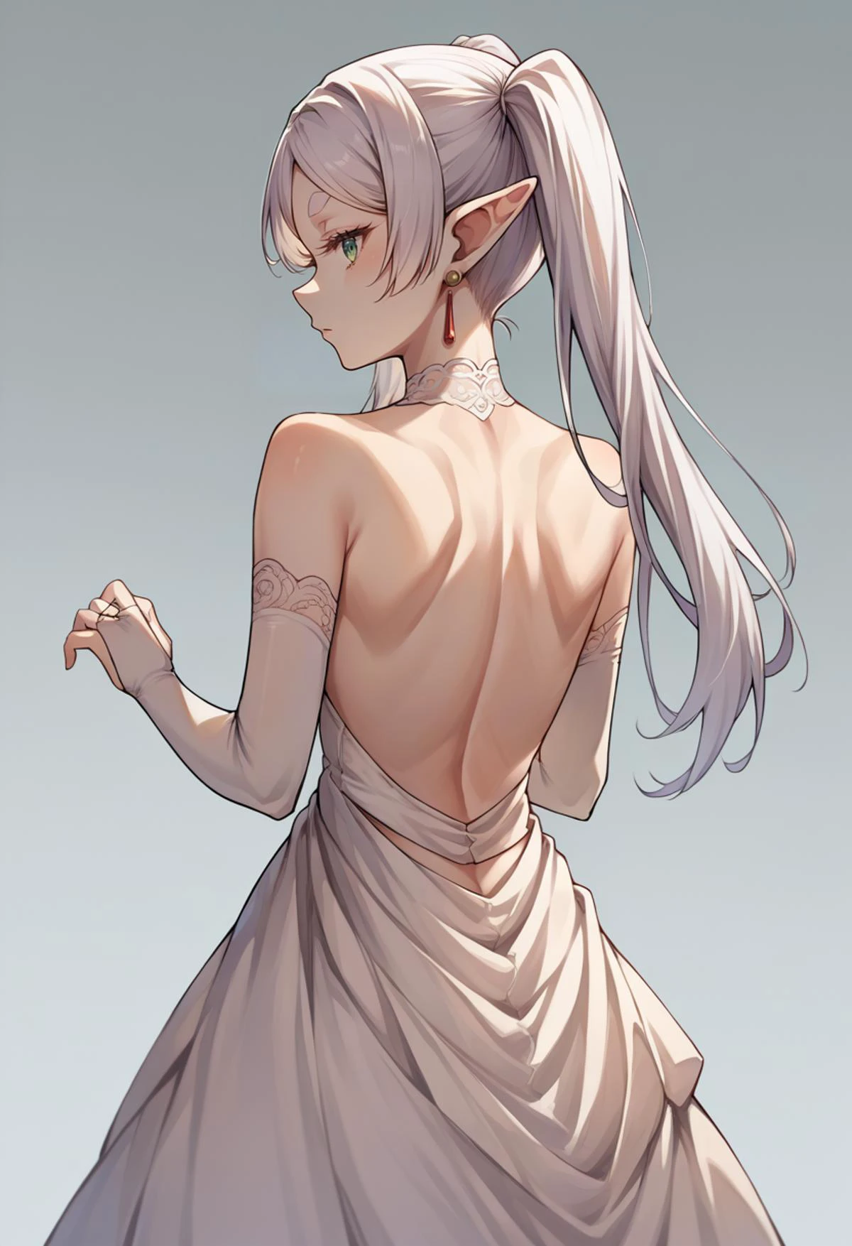 score_9, score_8_up, source_anime, 1girl, solo, Frieren, green eyes, white hair, long hair, twintails, thick eyebrows, earrings, backless dress, bridal gauntlets, from behind, back, nape, strapless dress, wedding dress, white dress, simple background, <lora:ChamFrierenPonyXLCame-000008:1>