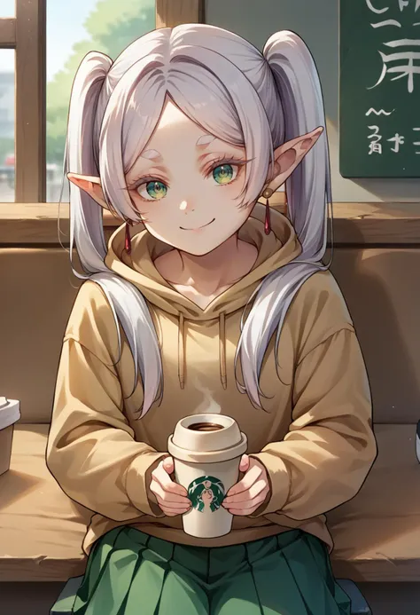 score_9, score_8_up, source_anime, 1girl, solo, Frieren, green eyes, white hair, long hair, twintails, thick eyebrows, earrings, sitting, coffee shop, hoodie, pleated skirt, smile, <lora:ChamFrierenPonyXLCame-000008:1>