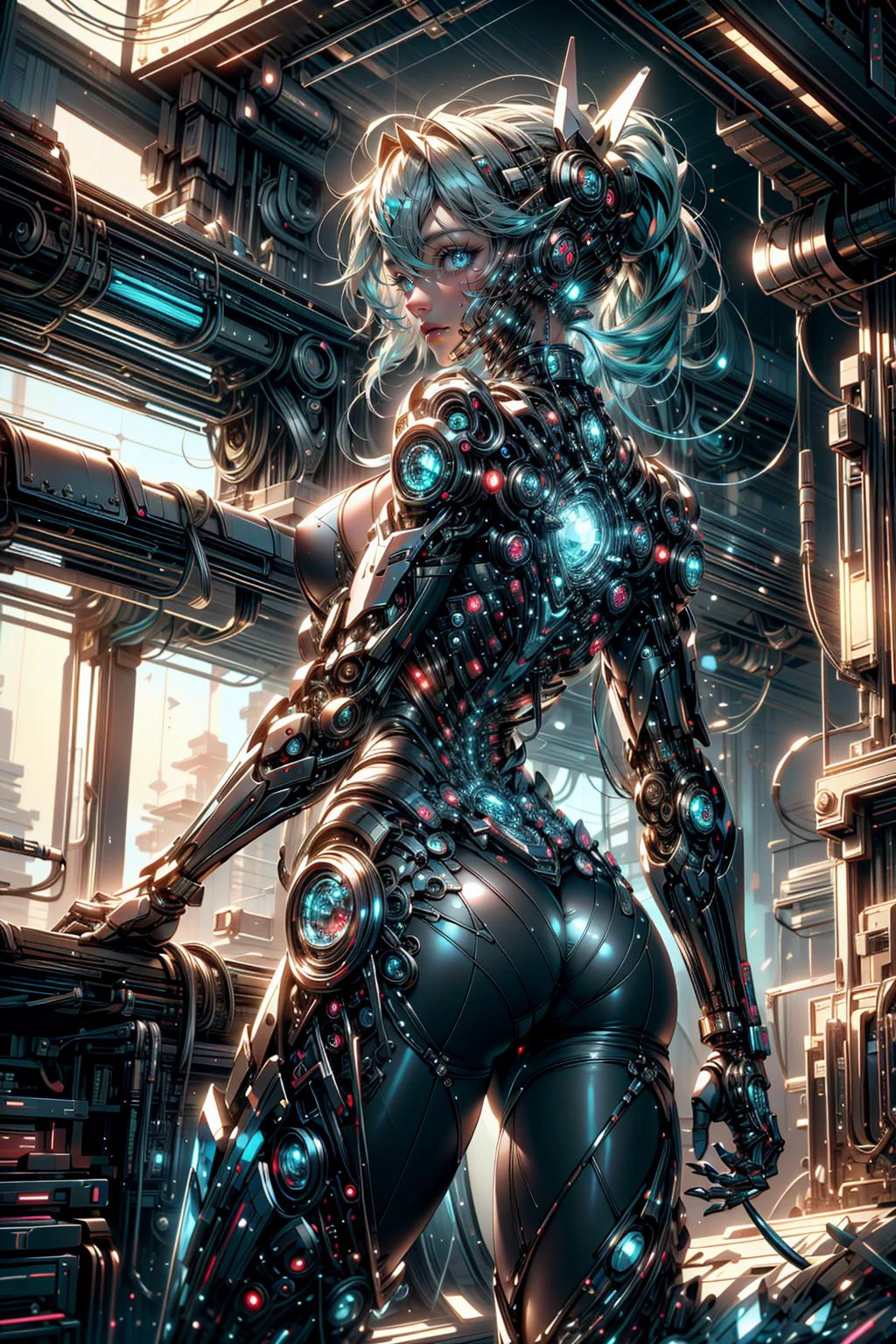 (masterpiece:1.1), (best quality:1.1), (detailed:1.1), (monochrome:1.2), (black and white:1.2), BREAK, (biopunk:1.1), (vaporwave:1.1), (synthwave:1.0), (scifi:1.1), (from behind:1.0), BREAK, (solo:1.2), (cowboy shot:1.0), (pinup girl:1.1), (braids:1.0), (looking back:1.0), (looking at viewer:1.0), (ass focus:1.0), (aquamarine:1.0), (internal reflections:1.0), (gemtech:1.0), <lora:nijiMecha:0.5>, <lora:GemTech-22:1.0>, BREAK, (indoors:1.0), (machinery:1.1), (pipes:1.0), (clockwork:1.0),