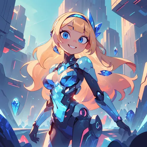 <lora:GemTech-22:0.8>, gemtech , scifi, internal reflections , transparent, inner details , sapphire,
best quality,flat vector art , illustration , cowboy shot, standing in a scifi city,
1girl,perfect face , long hair, blunt bangs, hair over one eye, blue eyes, blonde hair, big breasts, kind smile,headband, <lora:ChronoTempStyle-20:0.3>
