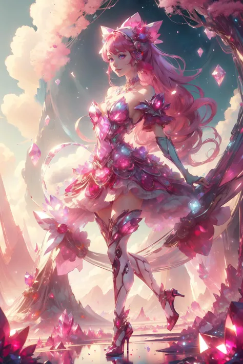 ethereal fantasy concept art,(((best quality, masterpiece, absurbres, super-resolution)),1girl,solo,smile,Short pink hair,gem,legs,red dress,hat flower,high heels,long hair,shoulder cutout,long hair,grass,jewelry,clothing cutout,bangs,necklace,floral print,facing viewer,breasts,bare shoulders,collarbone,hair bow,short sleeves,ribbon,outdoors,hair over shoulder,sky,flower field,gemtech,internal reflections,transparent,inner details,<lora:GemTech:1.3>,:1.1),magnificent,celestial,ethereal,painterly,epic,majestic,magical,fantasy art,cover art,dreamy,