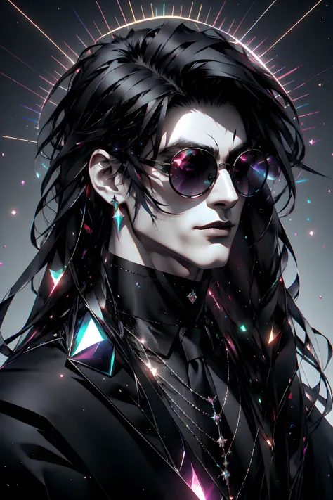 male, Long black hair, sunglasses, dark style, neon glowing rainbow background, rainbow gems, gemtech <lora:Dark_style_art:0.8> <lora:GemTech-22:0.8>