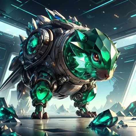 <lora:GemTech-22:0.8>, gemtech , scifi, internal reflections , transparent, inner details , emerald ,
pokemon \(creature\), armored hamster ,