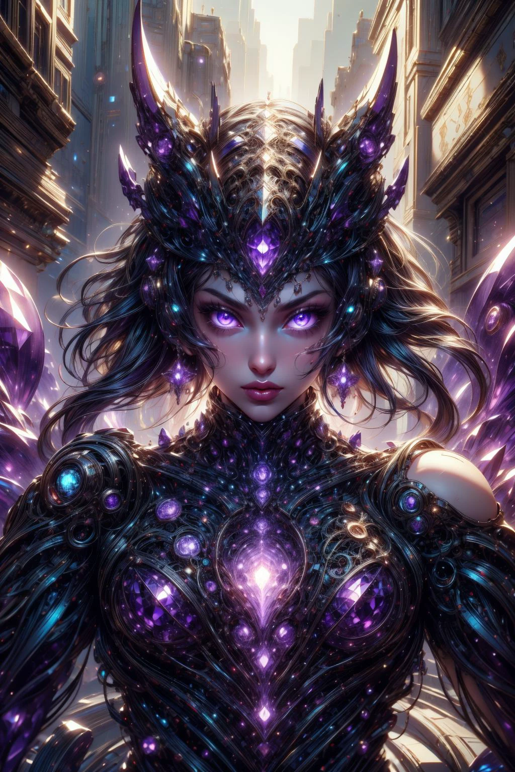 (masterpiece:1.1), (best quality:1.1), (intricate:1.1), (detailed:1.1), (ornate:1.1), (aesthetic:1.1), (vibrant colors:1.1),BREAK,
(purple theme:1.1), (glowing:1.0), (glimmer:1.0), BREAK,
(upper body:1.0), (woman:1.0),(marching:1.0), (robot body:1.0), (amethyst:1.2), (gemtech:1.0), (internal reflections:1.0), (headdress:1.0), (glowing eyes:1.0), (looking at viewer:1.0), <lora:GemTech:1.0> , BREAK,
(cyberpunk:1.0) , (synthwave:1.0), (scifi:1.0)