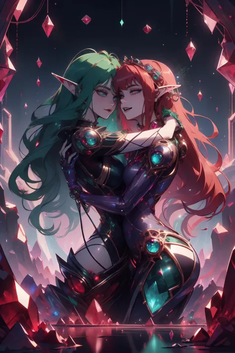 (1girl, 1boy, happy,elf ears,long hair,curly hair,,hug:1.1),magical,fantasy art,gemtech,internal reflections,transparent,inner details,<lora:GemTech:1>,(ruby,sapphire,emerald, rainbow gemstyle:1.1),wide angle,dynamic pose,indoors,<lora:detail_slider_v4:1>,