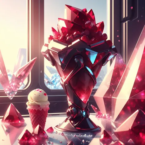 <lora:GemTech-22:0.8>, gemtech , scifi, internal reflections , transparent, inner details , ruby ,
( ice cream cone:1.1), dessert, sweets,