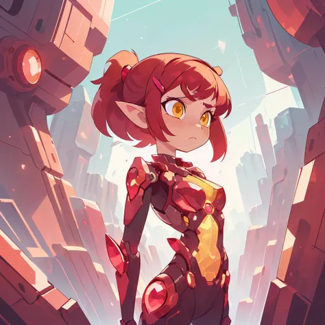 <lora:GemTech-22:0.8>, gemtech , scifi, internal reflections , transparent, inner details , ruby,
best quality,flat vector art , illustration , cowboy shot, standing in a scifi city,upset ,tall female,
1girl,perfect face ,sidelocks, pixie cut,short low ponytail, pointy ears, yellow eyes, red hair, medium breasts, hairclip, <lora:ChronoTempStyle-20:0.3>
