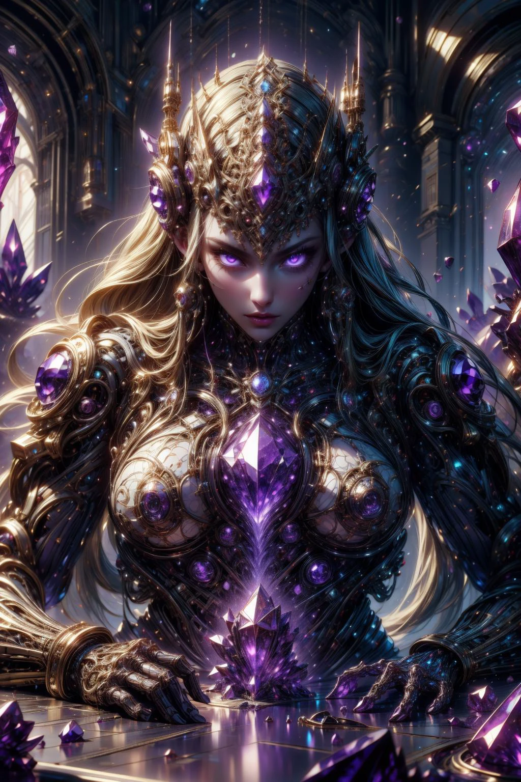 (masterpiece:1.1), (best quality:1.1), (intricate:1.1), (detailed:1.1), (ornate:1.1), (aesthetic:1.1), (vibrant colors:1.1),BREAK,
(purple theme:1.1), (glowing:1.0), (glimmering:1.0), BREAK,
(head and torso:1.0), (woman:1.0), (robot body:1.0), (amethyst:1.2), (gemtech:1.0), (internal reflections:1.0), (headdress:1.0), (glowing eyes:1.0), <lora:GemTech:1.0> , BREAK,
(cyberpunk:1.0) , (scifi:1.0)