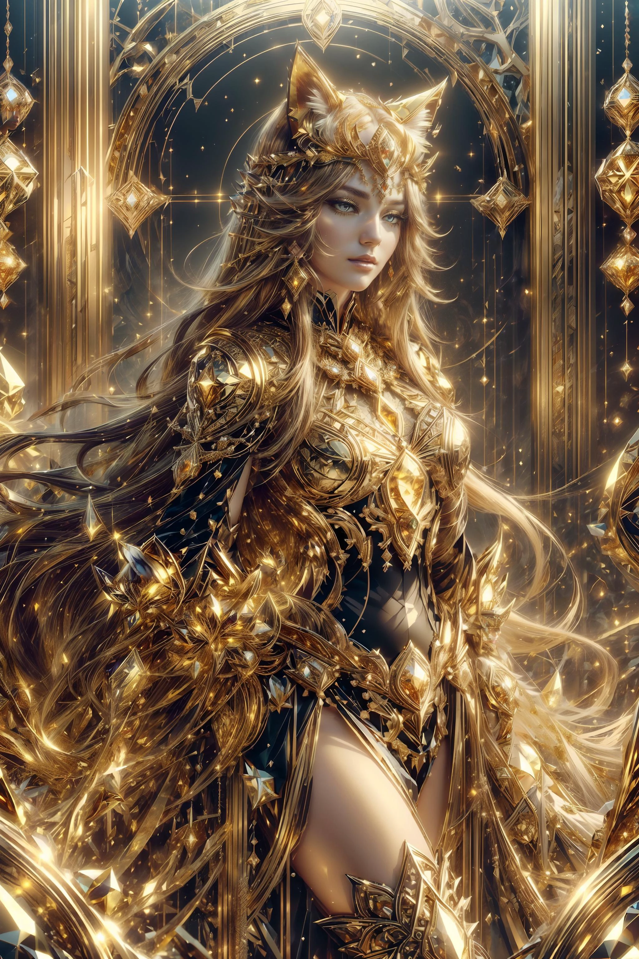 (best quality, very good quality:1.5), picture-perfect, 1 girl, very long hair, cat ears, (empress of boundless wealth wearing distinct and intricate golden armor adorned with various gems and fractal patterns), (distinct throne room of gold), gemstones <lora:add_detail:0.8>, <lora:MidasMagic:0.5> midasmagic, golden aura, glint, <lora:GemTech:0.5> gemtech, internal reflections, transparent, inner details