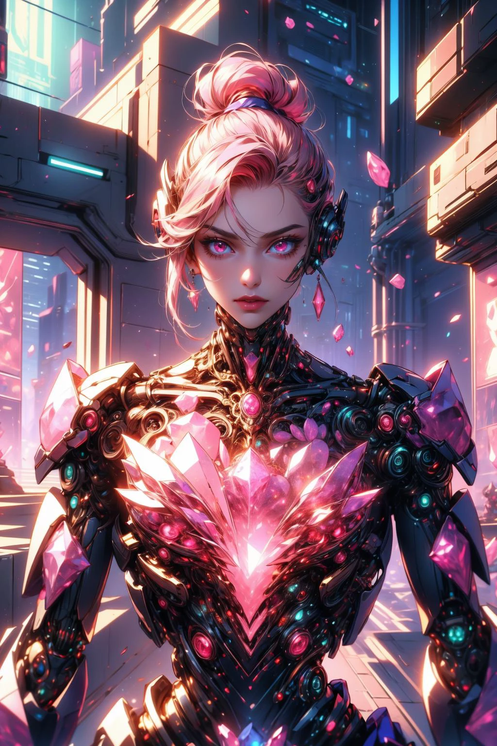(masterpiece:1.4), (intricate:1.2), (detailed:1.2), (vibrant colors:1.2), BREAK,
(cyberpunk:1.0), (scifi:1.2), (internal reflections:1.0), (rose quartz theme:1.2), BREAK,
(female cyborg:1.1), (head and torso:1.0), (gemtech:1.0), <lora:GemTech-22:1.0>