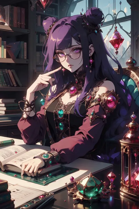 ((best quality, masterpiece, absurbres, super-resolution)),1girl,(bright violet hair),long straight hair,two small buns,straight bangs,long bangs locks,(violet eyes),colored eyelashes,looking up,round glasses,glowing star \(sky\),sitting,holding open book,white sweater,dark skirt,frilled long sleeves,brown footwear,yellow accessories,indoors,library,bookshelf,detailed,gemtech,internal reflections,transparent,inner details,<lora:GemTech:1>,(ruby,sapphire,emerald, rainbow gemstyle:1.1),<lora:detail_slider_v4:1>,