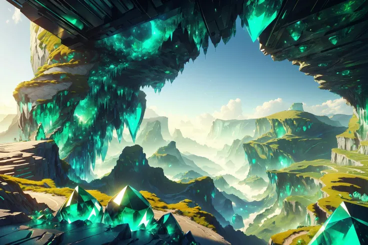<lora:GemTech-22:0.8>, gemtech , scifi, internal reflections , transparent, inner details , emerald ,
(cliff landscape) ,epic scenery ,