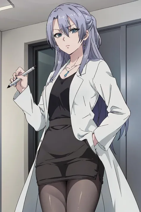 (extremely detailed CG unity 8k wallpaper), (masterpiece), (best quality), (ultra-detailed), (best illustration), (best shadow), (absurdres), <lora:ayame-11:0.7>, ayame, purple hair, 1girl, pantyhose, solo, long hair, labcoat, skirt, pencil skirt, hand in pocket, pen, black pantyhose,blue eyes
