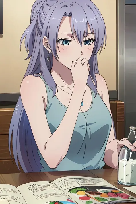 (extremely detailed CG unity 8k wallpaper), (masterpiece), (best quality), (ultra-detailed), (best illustration), (best shadow), (absurdres), <lora:ayame-11:0.7>, ayame, purple hair, 1girl, dango, wagashi, food, jewelry, earrings, blush, solo, bottle, blue eyes, long hair, sanshoku dango, covering mouth, skewer