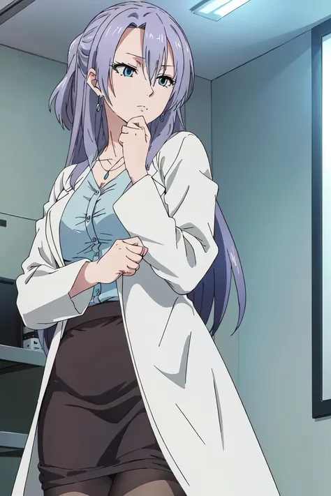 (extremely detailed CG unity 8k wallpaper), (masterpiece), (best quality), (ultra-detailed), (best illustration), (best shadow), (absurdres), <lora:ayame-11:0.7>, ayame, purple hair, jewelry, long hair, 1girl, labcoat, hand on own chin, thinking, earrings, necklace, blue eyes, solo
