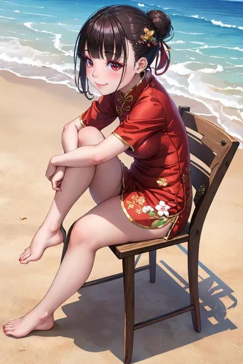 masterpiece, best quality, 1girl, solo, hair bun, blunt bangs, looking at viewer, sitting, on a chair, (qipao), brown hair, red eyes, small breasts, beach, barefoot, hugging legs, smug, smirk, sideview      <lora:Uodenim-Style-Final:1>
