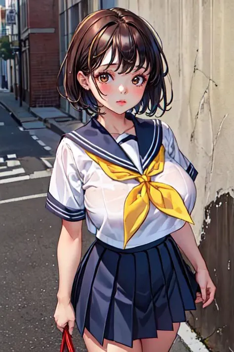 nsfw,alone, (One girl), Elementary school girl,8-year-old, ((White panties)), (wearing only the top half of sailor school uniform), Sailor with un-folded hems, sexy, (Cowboy Shot), ((arms behind back)), classroom, With a girl:hair is black and short, Her face is round and cute, Black Hair, Low twin tails, (Are standing),(Shy, Embarrassing),from below,from the front,Wet,