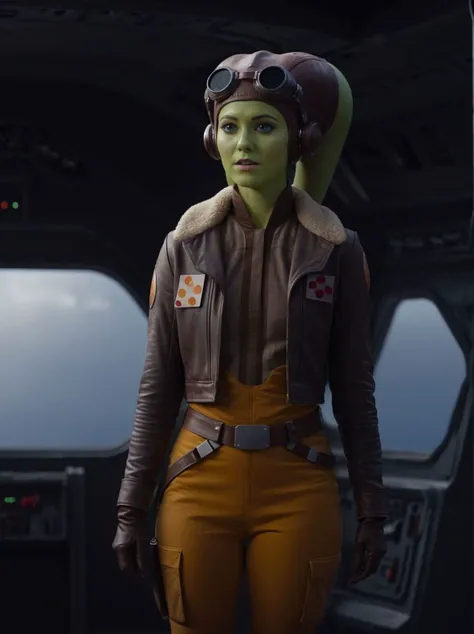 A beautiful, sensual green-skinned woman, Hera Syndulla, nude and alluring, (detailed realistic,4k,highres,masterpiece:1.2), (NO JACKET), cinematic lighting, dramatic shadows, intricate anatomy, flawless skin, mesmerizing gaze, dynamic pose, star wars imperial logo tattoos
