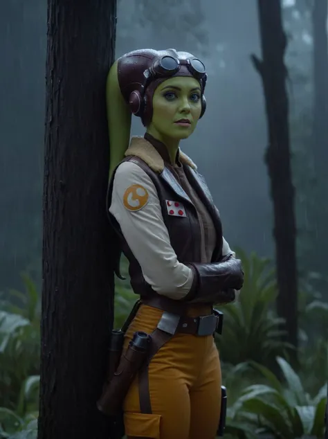 (masterpiece, best quality), Star Wars, cinematic shot of Hera Syndulla leaning on a tree, stormtroopers in background, outdoor, rain, downpour, UHD, 4k, ultra detailed, cinematic, a photograph of cinematic photo dramatic lighting, 35mm photograph, film, bokeh, professional, 4k, highly detailed, epic, beautiful lighting, inspiring, <lora:Hera_Syndulla_XL:0.8>